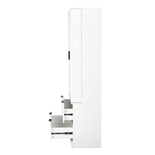 72" Tall Freestanding Wood Fluted Pantry Organizers Storage Cabinet with 2 Drawers, Door Racks, Modern Minimalist Cabinet with Adjustable Shelves for Kitchen, Living Room, Bathroom(White)