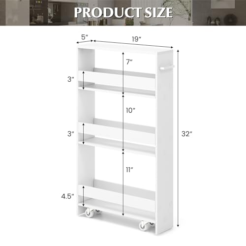 LOKO Slim Storage Cart, 4-Tier Rolling Cart with Handle & Wooden Top for Kitchen Bathroom Laundry Living Room Narrow Small Spaces, 5 Inches Width (Plain White) - color: Plain White