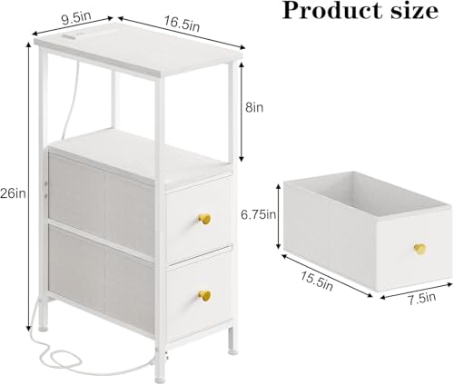 TOMNK Narrow Side Table with Charging Station and LED Light, Skinny Nightstand with 2 Fabric Drawers