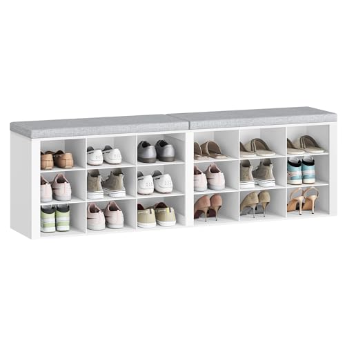 Hzuaneri Shoe Storage Bench with Cushion, Entryway Storage Bench with 18 Cubbies, 9.5" Widened Organizer Cabinet, Long Cubby Rack for Living Room, Bedroom, Entryway, White SB25703GY | 9.5" Widened Organizer Cabinet, large Cubby Shoe Rack for Living Room,