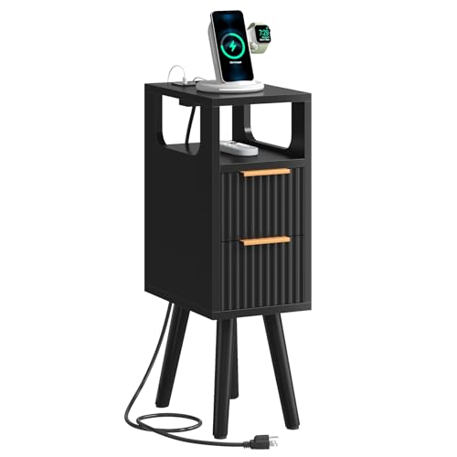 Narrow Side Table with Charging Station, Skinny Fluted Nightstand, Black | 7.9" Wide, 24.4" H, 2 Drawers, Solid Wood Feet, Open Shelf, Slim End Table for Small Spaces, Bedroom - color: Black-1 Pcs