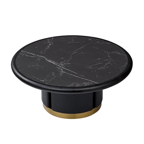35.43'' Round Coffee Table with Sintered Stone Tabletop for Living Room, Modern Circle Wood Pedestal Coffee Table with Brushed Stainless Steel, Easy Assembly, Black - color: Ć35.43'' -Walnut