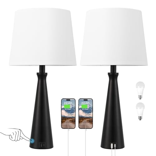 Seealle Modern Table Lamps Set of 2 - Touch Bedside Lamp for Nightstand with Dual USB C+A,3-Way Dimmable Black Nightstand Lamps for Living Room Bedroom End Table(Bulb Included) - color: A. Black-White