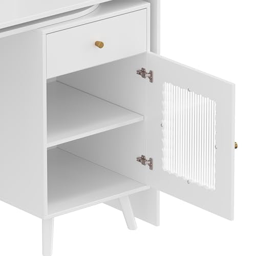 Wooden Computer Gaming Desk with 90 Degree Rotating Desktop, Study Writing Desk with Open Shelves, Storage Drawer and Cabinets, Work Desk for Home Office Bedroom Living Room (White-03) - color: White-03