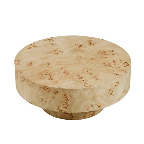 31.49'' Round Coffee Table Modern Wood Coffee Table for Living Room, Contemporary Circle Fluted Drum Pedestal Style, Burl Wood Veneer, Easy Assembly, Natural (ø31.49'' x 13.77'') - color: Ø31.49'' -Natural