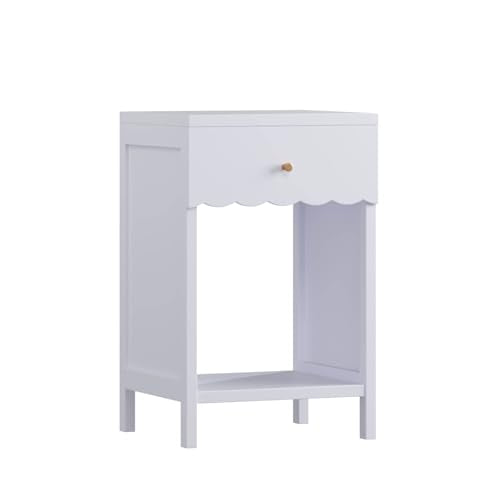 26β Modern White Nightstand with Drawer and Open Shelf, Scalloped Edge Bedside Table for Bedroom, Cute Minimalist Side Table for Girls' Room (Light Purple)