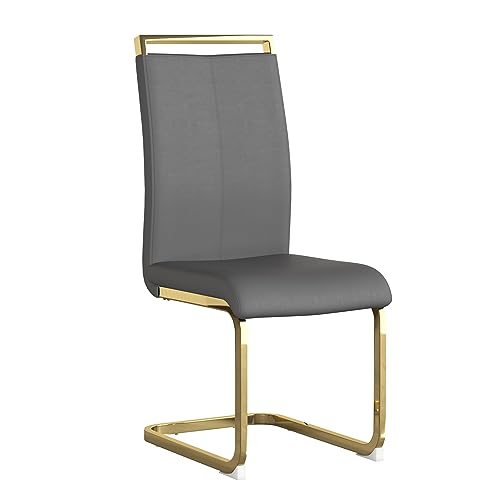 Baysitone Modern Dining Chairs Set of 2, Side & Kitchen Chairs with Gold Frame, Faux Leather Padded Seat High Back, for Dining, Kitchen & Living Room - Dark Grey - color: Grey With Gold Leg, size: Set of 2