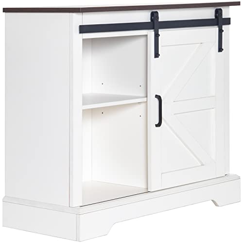 HOMFAMILIA 31.5" H Farmhouse Coffee Bar Cabinet w/Storage, White Kitchen Coffee Station with Sliding Barn Door, Rustic Buffet Cabinet with Adjustable Shelves, for Kitchen, Living Room, White - color: White