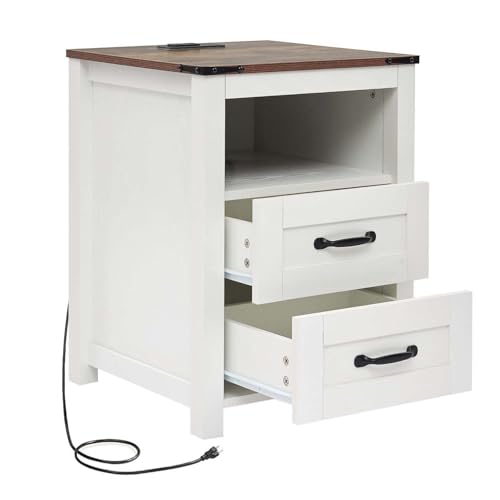 Farmhouse Night Stand, Rustic White Nightstand for Bedroom, End Tables with Charging Station, Bedside Table with Drawers, Wood Bedside Cabinet Dresser - color: White, size: 1pcs with Charging