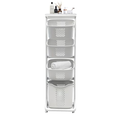 4-Tier Vertical Laundry Hamper Sorter, Laundry Storage Organizer with Wheels Removable Rolling Laundry Baskets, Bathroom Cart for Dirty Clothes (White) (4-Tier) - style: 4-Tier