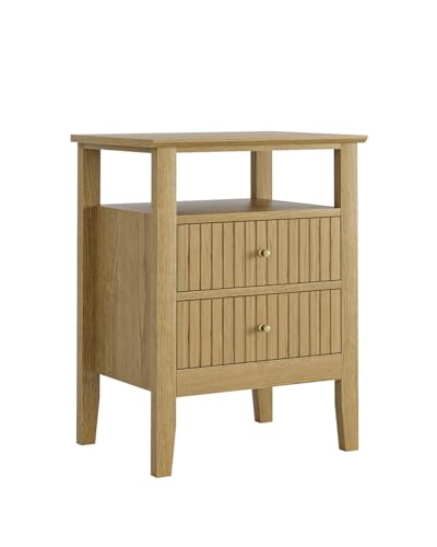 Fluted Nightstand, Farmhouse Night Stand with 2 Drawers, Mid Century Modern Side Accent Table,Bedside End Table for Bedroom, Living Room, Yellow Oak - color: Oak, size: 2 Drawers