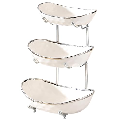 YYW 3 Tier Fruit Bowl for Kitchen Counter, White Gold Silver Ceramic Fruit Stand for Countertop, Home Fruit Rack with Metal Holder, Vegetable Snacks Nuts Bread Candy Storage (White (Silver Holder)) - color: White (Silver Holder)