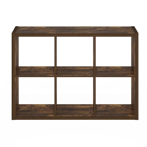 Furinno Cubicle 6-Cube Book Shelf, Extra Thick Frame Bookshelf, Amber Pine | 14.6" x 44" x 30", Horizontally & Vertically Reversible Bookcase with Open Back, for Living Room, Bedroom, Home Office