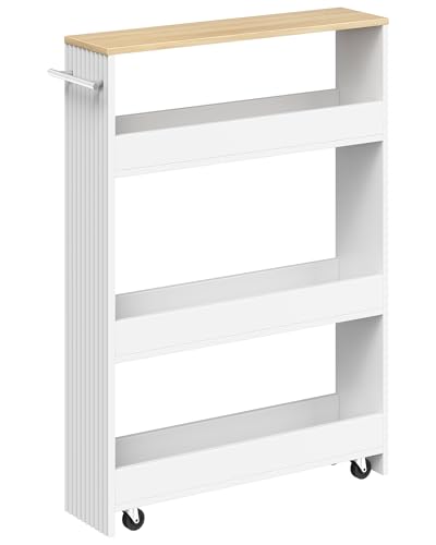 CHOEZON Slim Storage Cart with Wheels, 5.5" Narrow 4-Tier Rolling Cart, Multi-Purpose Utility Cart for Kitchen, Bathroom, Laundry Room, Living Room, White and Natural MTC02WN