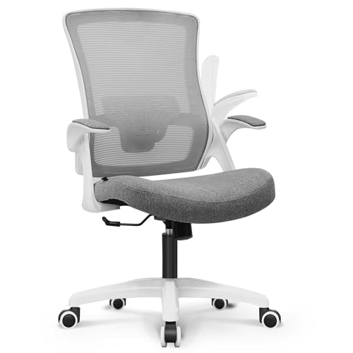 NEO CHAIR Office Desk Gaming Chair Computer High Back Mesh Seat with Rolling Wheels Ergonomic Adjustable Comfy Flip-up Armrests Lumbar Support Height for Home (Grey White Frame) - color: Grey
