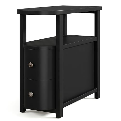 LITTLE TREE Solid Wood End Table with 2 Drawers & Open Shelf, No Assembly Required Side Table for Living Room, Black Couch Side Tables, Slim Bedside Table Nightstand for Bedroom - color: Black