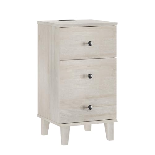 Modern Nightstand with Charging Station Set of 2 Drawer and Storage Cabinet End Table with Wood Leg for Bedroom Natural Wood Grain Beige - color: Beige Oak