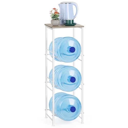 OYEAL Water Bottle Storage Holder 5 Gallon Drink Dispenser Stand with Table 3-Tier Heavy Duty Water Cooler Jug Rack Water Bottle Organizer for Kitchen, Office, Living Room, Rustic Grey - style: Round Tube Grey
