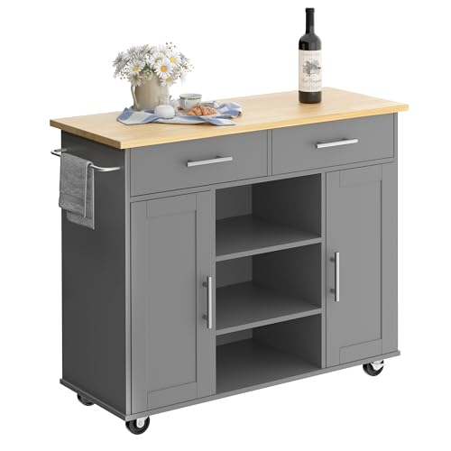 Shintenchi Kitchen Island with Storage, Kitchen Island Cart on Wheels with 3 Open Shelves, 2 Drawers and 2 Cabinets, Rolling Kitchen Table with Large Countertop, Gray - color: Silver