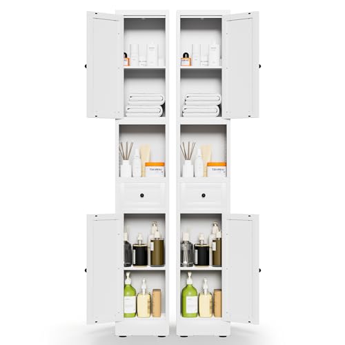 71" Tall Metal Bathroom Cabinet, 12" Slim Freestanding Locker with 2 Door & 1 Drawer, Narrow Storage Cabinet with Adjustable Shelves, for Small Spaces, Bathroom, Living Room, Modern - White