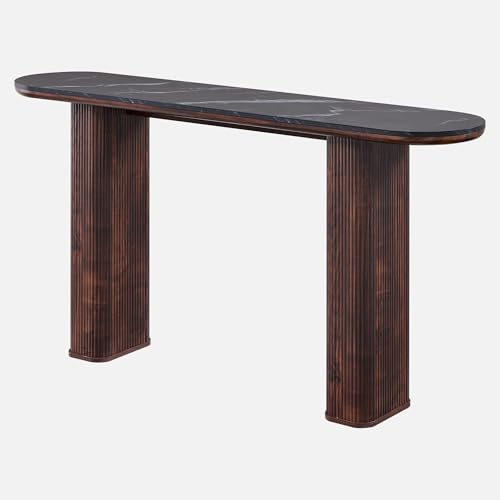 OKD 63" Modern Fluted Console Table, Narrow Entryway Table, Dark Walnut | Modern Fluted Wood Base, Curved Faux Marble-Texture Top, Entryway, Hallway, Foyer, Behind Sofa - color: Dark Walnut