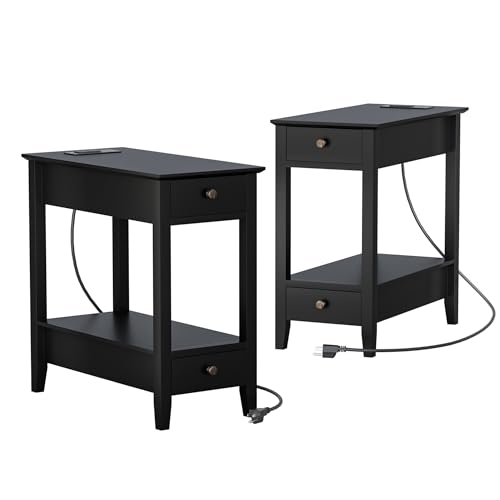Treocho End Tables Living Room Set of 2 with Charging Station and 2 Drawers | Narrow Side Table with Ample Storage, Sofa Bedside Table for Small Spaces, Living Room, Bedroom, Black - color: Black