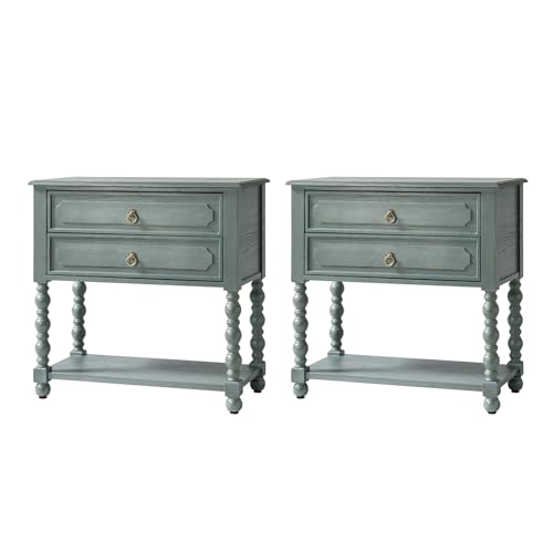 HULALA HOME Farmhouse End Table with Charging Station, 2PK Blue | Open Shelf Storage, Drawer Organization, Spindle Legs, Solid Wood Details - color: Blue