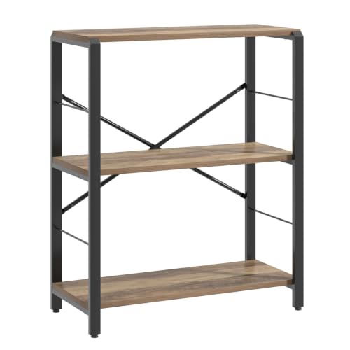 FOLUBAN Small Bookshelf, 3 Tier Open Book Shelf, Rustic Wood and Metal Shelving Unit for Small Space, Oak - color: Oak, size: 3-Tier