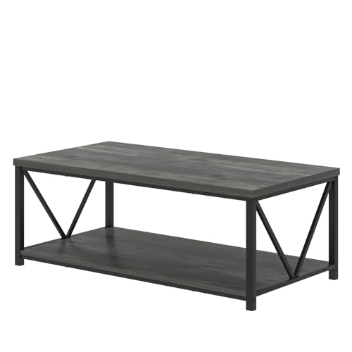 EXCEFUR Coffee Table, Rustic Wood and Metal Living Room Table, Industrial Rectangle Center Table with Storage Shelf, 47 Inch Grey - color: Grey, size: 47 inch