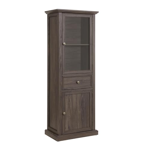 65" Tall Bookcase with Tempered Glass Door, Elegant Freestanding Display Cabinet with Drawer, Modern Wooden Kitchen Pantry Storage Cabinets for Living Room/Office(Brown) - color: Brown & 24 X 65
