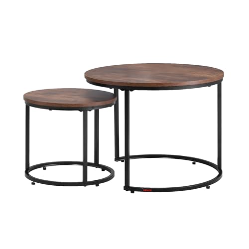 VEVOR Nesting Tables, Coffee Table Set of 2, 23.6 inch Round Coffee Table, Small Coffee Tables Night Stand with Metal Frame, for Living Room, Bedroom, Office (Brown & Black) - color: Brown