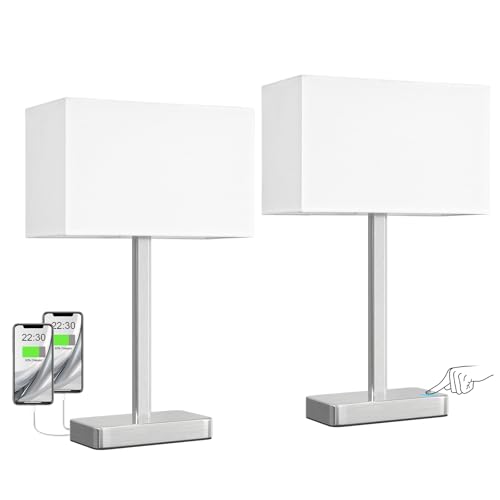 Hong-in Touch Lamps for Bedroom - 3-Way Dimmable Bedside Lamps Set of 2 with USB C+A, White Modern Table Lamp for Night Stands, Desk Lamp for Living Room Nightstand End Tables Bed Side - color: C. White&Nickel