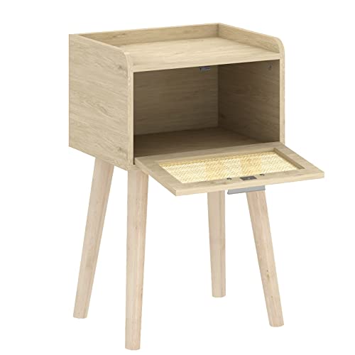 LAATOOREE Nightstand Set of 2, Small Bedside Table, End Table with Rattan Door, Boho Side Table with Solid Wood Legs for Bedroom Living Room Small Space - color: Natural, style: Boho Style