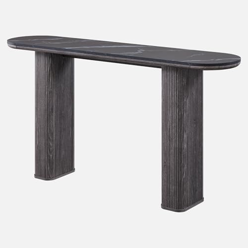 OKD 63" Modern Fluted Console Table, Narrow Entryway Table, Dark Alder | Modern Fluted Wood Base, Curved Faux Marble-Texture Top, Entryway, Hallway, Foyer, Behind Sofa - color: Dark Alder