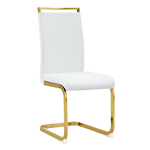 Baysitone Modern Dining Chairs Set of 2, Side Dining Room Chairs with Golden Legs, Kitchen Chairs with Faux Leather Padded Seat High Back for Dining Room, Kitchen, Living Room White - color: White With Gold Leg, size: Set of 2