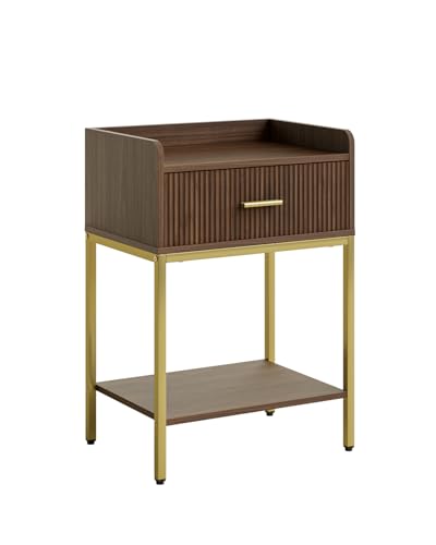 Nightstand, 3-Tier Bed Side Table, Small End Table, Night Stand with Open Shelf and Drawer, Bedside Table for Bedroom, Living Room, Walnut - color: Walnut, style: Without Charging Station