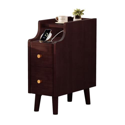7.9" Solid Wood Narrow Nightstand with Drawers & Tray,Black Walnut | Perfect for small spaces, this slim bedside table features a pull-out tray, cable routing, and minimal easy assembly - color: Black Walnut, size: 8''