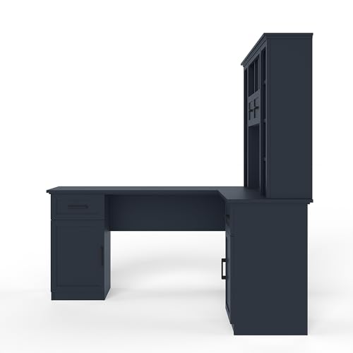 L-Shaped Home Executive Desk with 2 Cabinets and 2 Drawers, Computer Desk with Power Outlet, 11 Open Shelves and 1 Right Flip Shelf with Storage for Study, Living Room and Office (Antique Blue-02) - color: Antique Blue-02