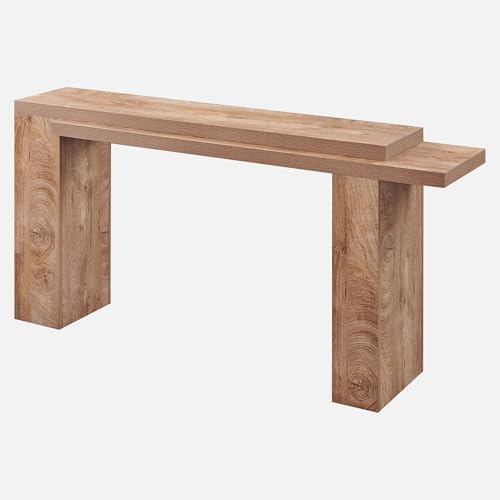 OKD 63" Modern Geometric Console Table with Layered Top, Light Tree Knot | Extended Layered Top, Sturdy Support Legs, Entryway, Hallway, Foyer, Living room, Behind Sofa - color: Light Tree Knot