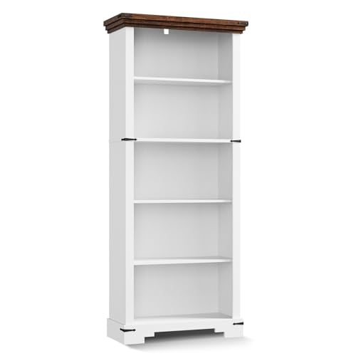 5-Tier Farmhouse Bookshelf, 61.1 inch Tall Bookcase with Storage & Unique Design & One Adjustable Shelf, Wooden Bookshelf for Study Room, Living Room, Home Office, Bedroom (White) - color: White