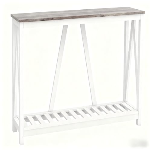 Farmhouse Console Table with Shelf, 39.3" Narrow Entryway Table, Dark Oak | Farmhouse Style Grey Oak Top White V‑Shape Frame Slat Shelf Storage 39.3" Narrow Anti‑Tip Legs sofa table - color: Dark Oak