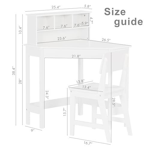 UTEX Kids Desk, Kids Corner Desk and Chair Set, Children Study Table with Storage and Hutch for Home School Use, White