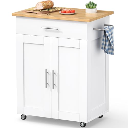 Mobile Kitchen Island on Wheels, Large Drawer, White | On Wheels, Large Drawer, Adjustable Shelf, Towel Rack, Rolling Island Table,for Kitchen & Dining Room - size: Small Kitchen Island, style: Modern White