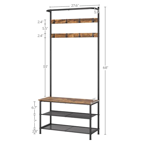 Hall Tree, Coat Rack with Shoe Bench, 4-in-1 Entryway Bench with Storage Shelves, Hanging Rod and 8 Movable Hooks, Hall Tree with Storage Bench for Hallway, Rustic Brown and Black MT02BR