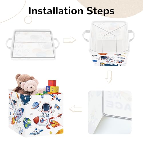 Clastyle 3 pcs 11.8'' Outer Space Storage Basket for Shelves with Metal Frame Large Rocket Astronaut Clothes Toy Book Cube Bin for Bedroom Playroom,White - color: Rocket Astronaut