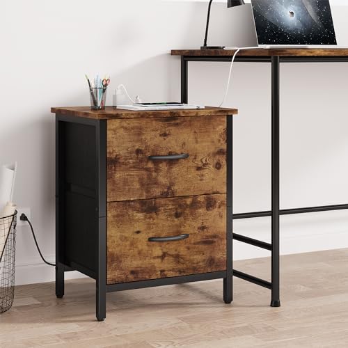 Vagusicc Nightstand with Charging Station, Bedside Table with USB Ports and Outlet, End Table Side Table with 2 Fabric Drawers for Bedroom, Living Room, Rustic Brown - color: Rustic Brown (1 Pack)