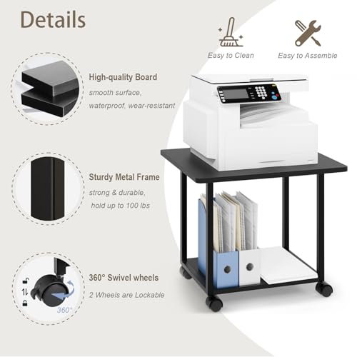 MARTY 22"x15.75" Large Printer Stand Under Desk, Rolling Cart Printer Table | 2 Tier Rolling Printer Cart with Wheels, Storage Shelf, Fit Printer/Fax/3d/Scanner, For Home Office Dorms, Heavy Duty, Black - color: Black