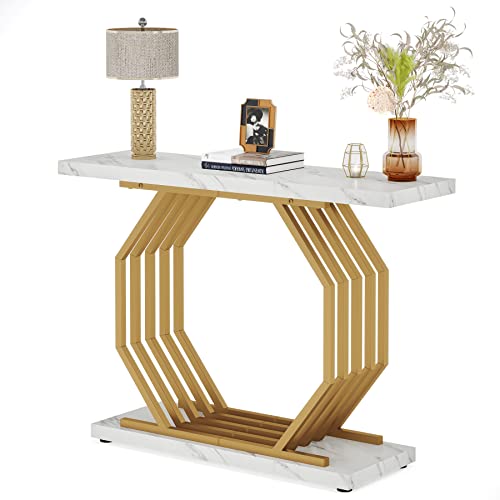 Tribesigns Gold Console Table, Faux Marble Entryway Table Narrow Sofa with Geometric Metal Base, 40 Inch Modern Accent Entrance for Living Room, Hallway, Foyer, White and Gold - color: White