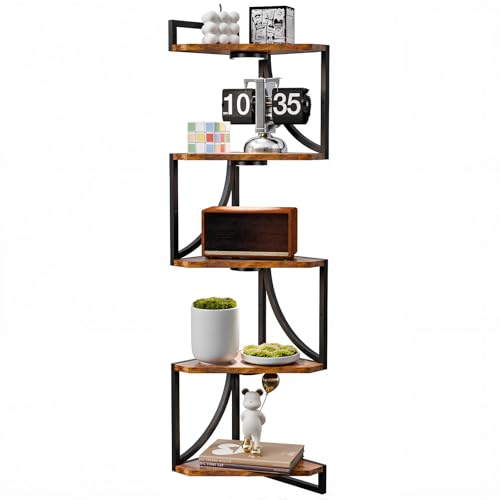 HAAYOT Corner Shelf Wall Mounted with Lights, 5-Tier Floating Metal Shelves for Living Room, Bedroom, Rustic Brown