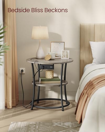 VASAGLE 21.7-Inch Round Side Table, 2-Tier End Table with Power Outlets, Nightstand with Steel Frame, Spacious Top, for Small Spaces, Living Room, Bedroom, Heather Greige and Ink Black ULET077L01 | Nightstand with Steel Frame, Spacious Top, for Small Spac